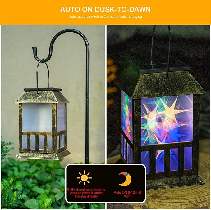 Solar Lanterns Outdoor Waterproof, Pathway Lights Hanging Lights with 3D Lighting Effects, Solar & USB C Charging, Metal Garden Decor Lights for Landscape Yard Patio Lawn Driveway, RGB Light 1 Pack