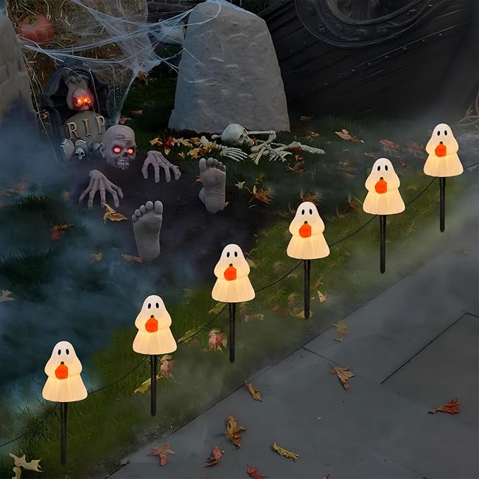 C7 Halloween Ghost Pathway String Lights, 7Ft Outdoor Halloween Decorations Lights with 4 Elves Holding Pumpkin Walkway Lights Waterproof UL Listed for Outdoor Garden Yard Lawn Sidewalk Party Decor