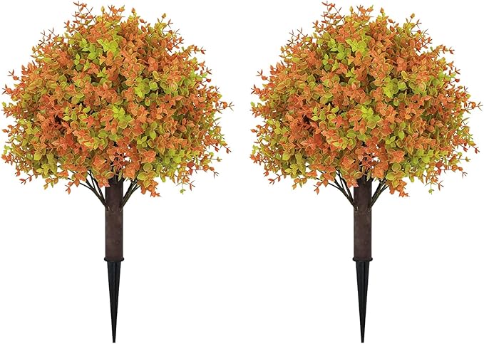 24" Fall Plants Artificial Boxwood Topiary Trees, UV Resistant Faux Bushes with Ground Spike, Fake Shrubs for Outdoor Planters, Front Porch, Patio, Yard Decor Set of 2
