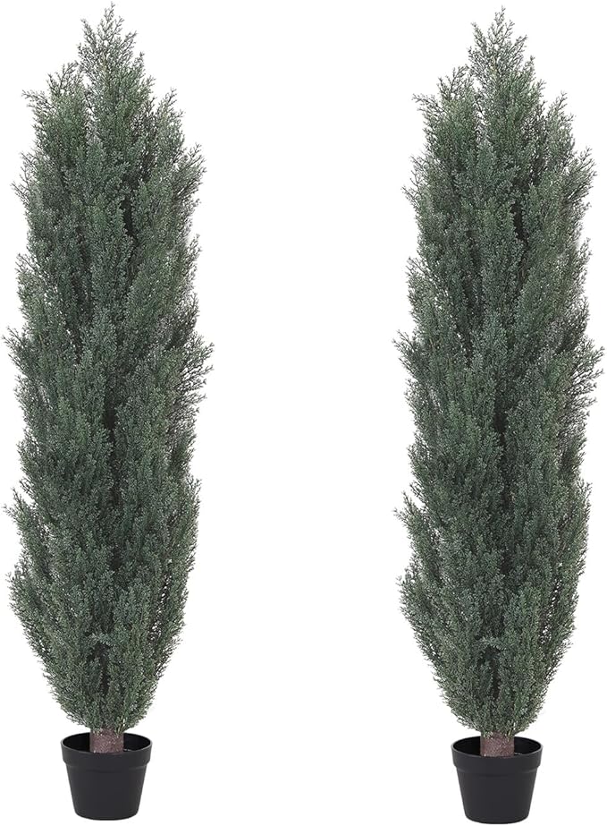 THE BLOOM TIMES 5ft Topiary Trees Artificial Outdoor – UV Resistant Faux Cedar Pine Cypress Bushes and Shrubs, Fake Potted Plants for Front Porch Outside Planter Patio Decor, Set of 2 (5 Foot)