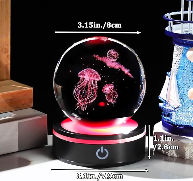 YWHL 3D Crystal Ball Moon Jellyfish Figurine with Colorful LED Base Laser Jellyfish Gifts for Women Men on Christmas Birthday Glass Jellyfish Statue Decorative Ball Night Light for Home Decor (80mm)