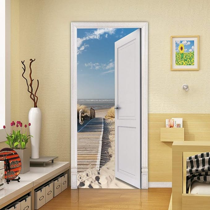 3D Door Stickers Murals Peel and Stick - Outer Beach Road - Door Wallpaper Self-Adhesive Decals Removable PVC Waterproof Poster for Bedroom Living Room Decoration 30.3" x 78.7"