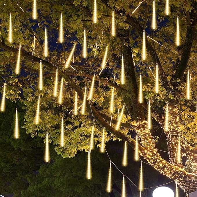 Solar Meteor Shower Lights - 16 Inch 8 Tube 288 LED, Waterproof, Cascading Falling Rain Lights for Tree, Bush, Holiday Parties, Christmas, Patio Decor - Warm White