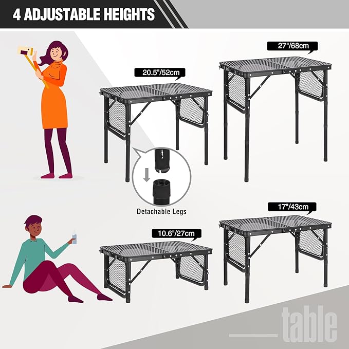 REDCAMP 35x16 Folding Grill Table for Outside with 2 Side Tables, 4 Adjustable Heights Portable Small Stand Table for Outdoor Indoor Camping Picnic BBQ