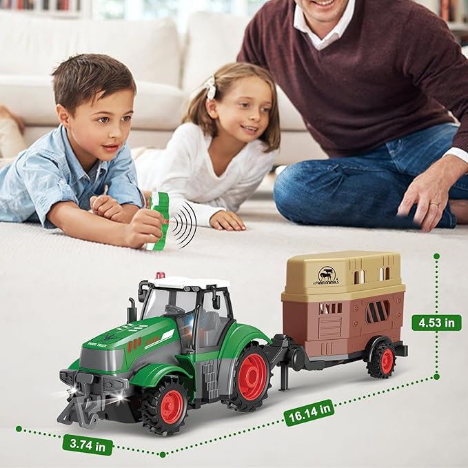 fisca Remote Control Tactor Toy Set & 33PSC Farm Vehicle Playset - Animal Figurines ,2.4GHz 1/24 Scale RC Tractor,Livestock Trailer, Fence with Light for Kids Age 4, 5, 6, 7 and Up Years Old