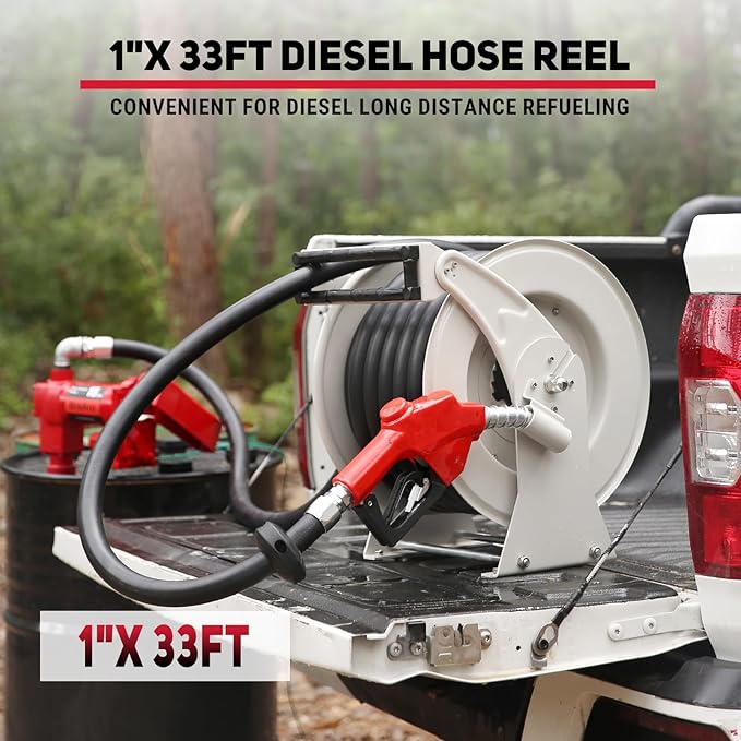Fuel Hose Reel, 1" x 33' Diesel Fuel Reel with Refueling Nozzle, 300 PSI Heavy-duty Steel Construction Used for Aircraft Ship Vehicle Tanker Truck
