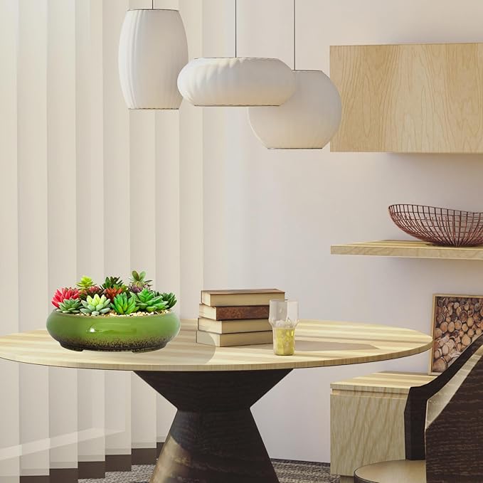 Succulent Pots - 11.5 Inch Ceramic Bonsai Pots with Drainage, Large Shallow Succulent Planters for Indoor Outdoor Plants, Round Glazed Cactus Flower Plant Container Bowl Home Desk Decor(Green)