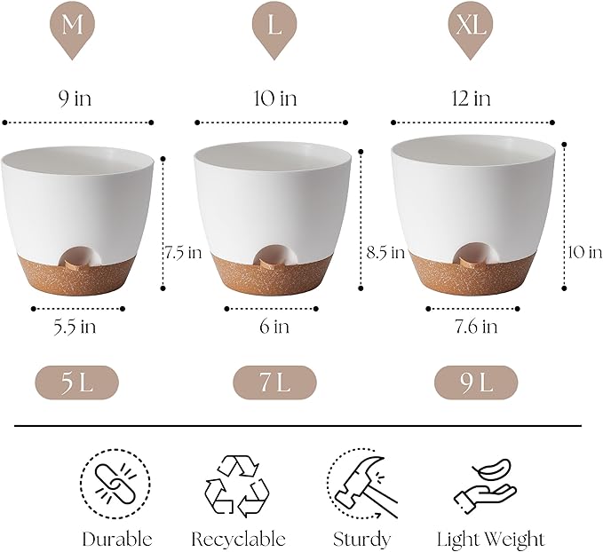 Giraffe Creation Plant Pots Set of 3 (12/10/9 inch), Self-Watering Indoor & Outdoor Flower Planters with Drainage Hole and Reservoir, White