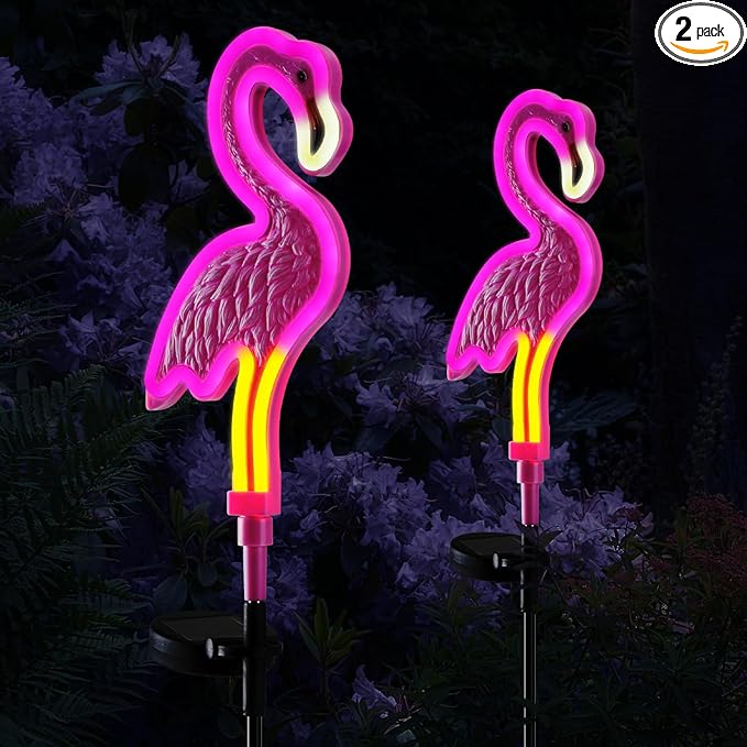 Flamingo Solar Lights Outdoor Decor,Solar Pink Flamingos Outdoor for Yard Decorations, Pink Neon Solar Flamingo Garden Lights for Outside,Pathways,Patio, Lawn, or Landscaping Decor(2Pack)