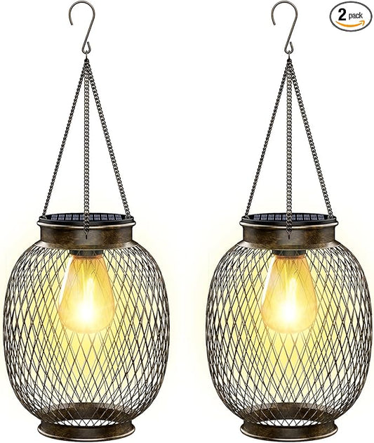 Solar Lanterns Outdoor Waterproof,Collasis Vintage Hanging Solar Lights Outdoor IP65 Waterproof Decorative Lanterns Lighting for Yard Garden Patio Pathway Gazebo Decor,Copper,2 Pack