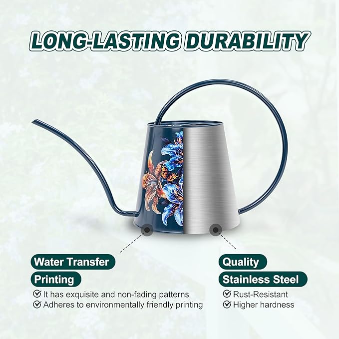Berry&Bird House Plants Watering Can - Indoor&Outdoor 1/2 Gallon Stainless Steel Water Can with Long Spout Garden Decoration for Flower Bonsai Succulent Gardening Large Watwer Bottle (Lilium Brownii)