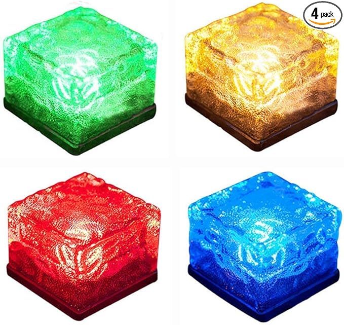 Solar Glass Brick Light - Crystal Brick Stone - Garden Solar Ice Cube Charming Glass Brick Lights Colour Change LED Garden Courtyard Pathway Patio Pool Outdoor Decoration Christmas(RGB 4PCS)