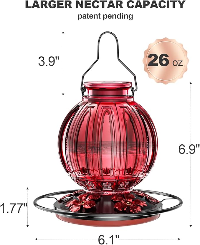 2 Pack Glass Hummingbird Feeder for Outdoors Hanging, Bird Nectar Feeder with Perch & 5 Flower Feeding Ports, 26 Oz Leak Proof for Outside Garden Decor Backyard, Gifts for Women Mom, Red