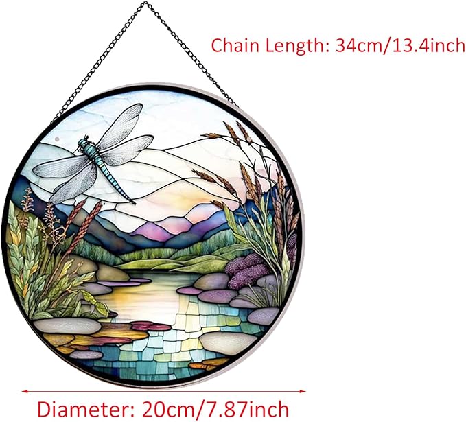 River and Dragonfly Pattern Suncatcher Stained Glass,Hanging Stained Glass for Windows,20cm/7.87inch Hand-Painted Sun Catcher Garden Hangings Painted Glass Panel Decor Themed Gift