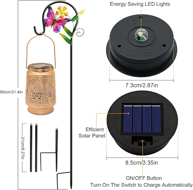 2 Pack Solar Lanterns Outdoor Garden Decor with Shepherd Hook, Gardening Gifts for Mom Grandma Women Butterfly Metal Decor Lantern Waterproof Solar Lights LED Decorative for Garden Yard Patio