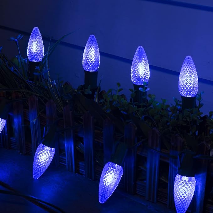 C9 Led Christmas String Lights, 20 Led 25.75 Feet Outdoor Waterproof Strawberry Lights with 20 Stakes, Extendable Green Wire String Lights for Indoor Outside Patio Wedding Party Decoration, Blue