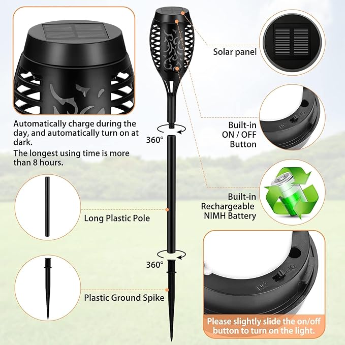 Solar Lights Outdoor, Upgraded 10 Pack Blue Solar Torch Light with Flickering Flame for Garden Decor, Waterproof Outdoor Lights Solar Powered, Tiki Torches for Outside Yard Patio Pathway Decor