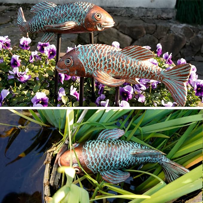 Koi Fish Decor - Set of 2 Antique Koi Fish Garden Statue for Outdoors, Patio and Backyard Decoration