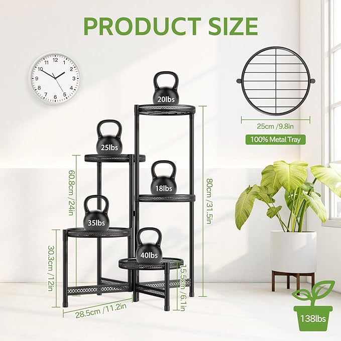 iDavosic.ly 5 Tier Large Plant Stand Indoor with 10 Inch Wide Tray, Tiered Corner Metal Outdoor Flower Display Holder Shelf, Folding Tall Rack for Patio Porch Balcony, Black Iron Carving