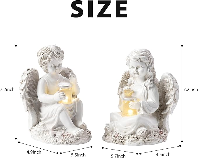 2 Pack Outdoor Angel Statue Garden Decor, Classic Solar Angel Figurine Decoration for Yard Art Indoor Porch Home Lawn Outside Light up Cherub Sculpture Guardian Wings Memorial Gifts