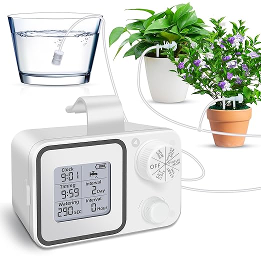 Automatic Watering System with Adjustable Drippers, Indoor Automatic Plant Waterer, Automatic Drip Irrigation Kit with Customize Schedule Water Timer for Balcony, Indoor Vacation Plant Watering