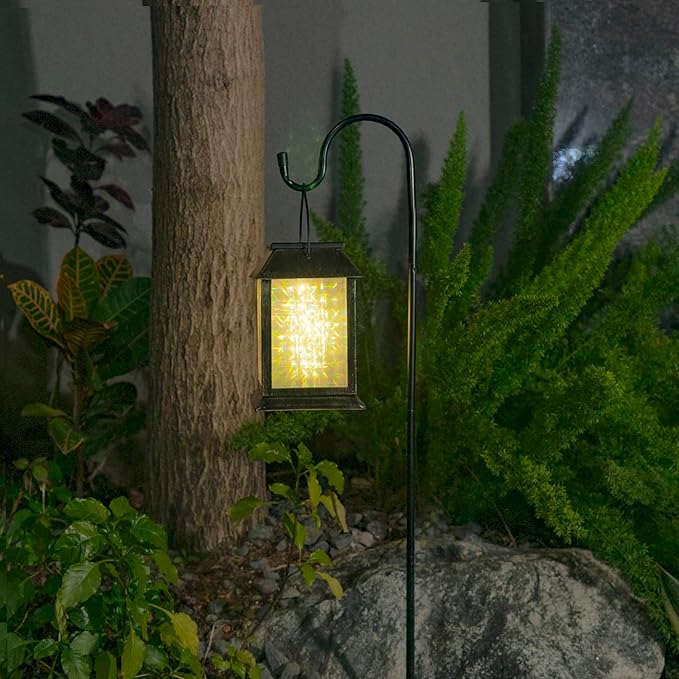 Solar Lanterns Outdoor Waterproof, 3D Hanging Solar Lights, Type-C Rechargeable LED Pathway Lights with 2 Modes (Steady & Flashing), for Garden Decor, Patio, Yard, Camping (1 Pack )