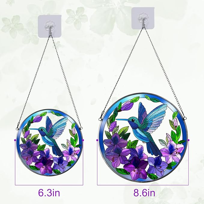 Stained Glass Sun Cather for Window Hanging, 8.6'' Hummingbird Window Ornament for Indoor Outdoor, Hand Painted Stain Glass Gift for Women, Bird Nature Lovers