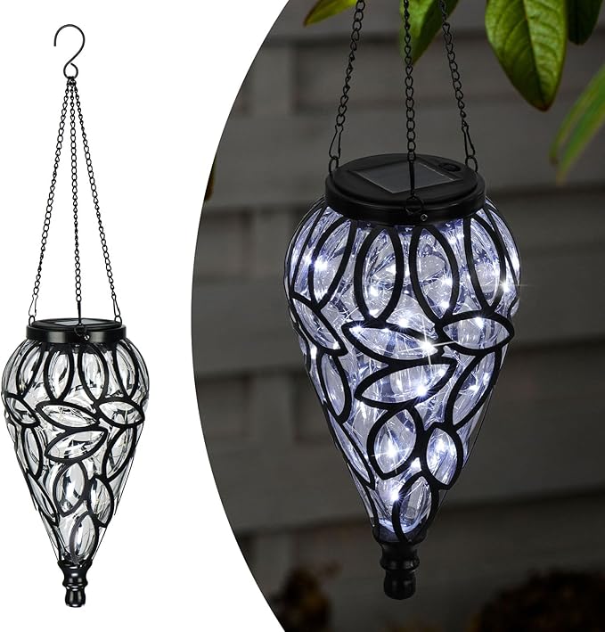 Solar Hanging Lantern Outdoor Lights, Tear-Shaped 15 LEDs Cool White Hanging Lights with S Hooks Decor in Garden, Yard, Pathway, Front Door and Landscape