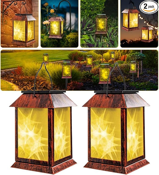 Solar Lanterns Outdoor Waterproof Upgraded Flashing Mode Solar Lantern Outdoor Lights Vintage Medieval Decor 3D Starry Hanging Outdoor Lanterns Lights Stake Lights for Yard Garden Decor（2PCS）