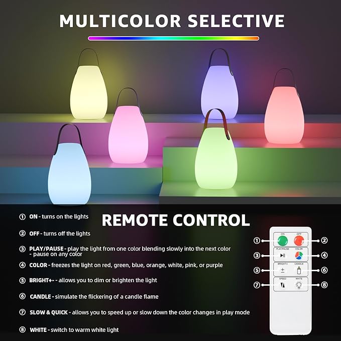 uuffoo Portable Outdoor Table Lamp, Dimmable Cordless Lamp with Remote and 7 RGB Colors IP44 Waterproof Hanging Lamp Indoor/Outdoor Night Lamp Lantern for Bedroom Garden Dining Camping