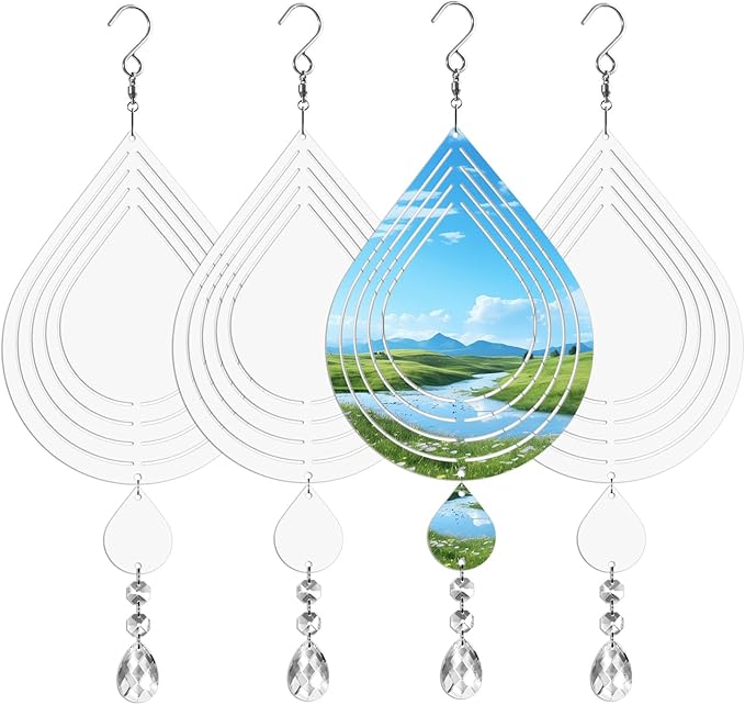 Sublimation Wind Spinner Blanks 8 Inch 4 Pack Wind Spinners Sublimation Blanks with Crystal Pendant Aluminum Metal Wind Spinners for Yard Garden Indoor Outdoor Window Porch Decoration（Waterdrop