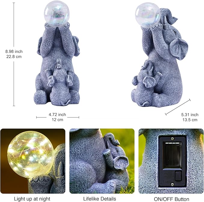 Goodeco Solar Elephant Statue - Outdoor Decor with LED Lights - Grey Resin - Ideal Gift for Elephant Lovers & Garden Enthusiasts