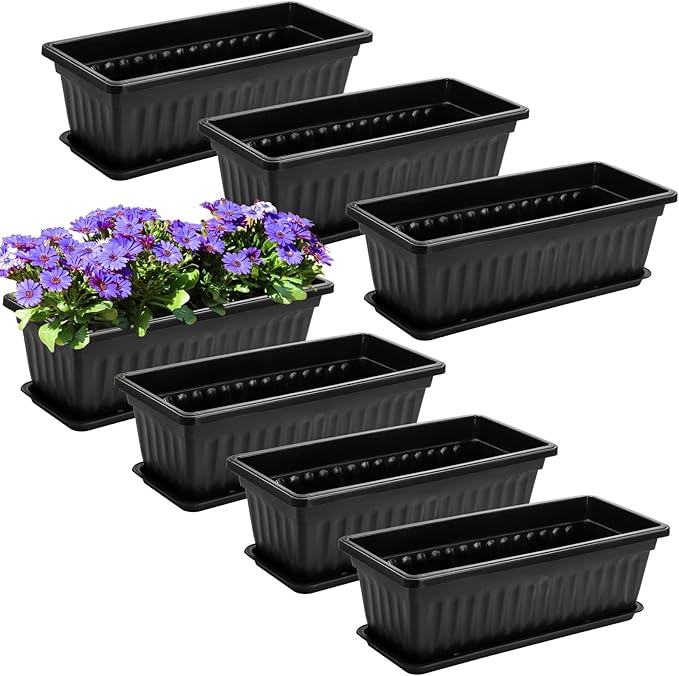 Fasmov 7 Pack 17 Inches Flower Window Box Plastic Vegetable Planters with Trays Vegetables Growing Container Garden Flower Plant Pot with 7 Pcs Plant Labels for Balcony, Patio, Garden, Black