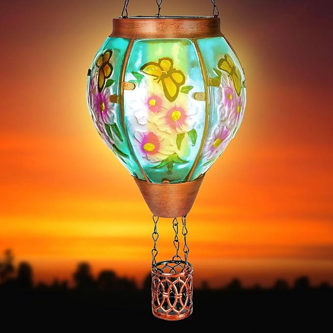 Solar Hot Air Balloon Lantern with Flame， Butterfly Glass Outdoor Solar Lanterns for Outside Hanging Farmhouse Patio Pathway Decor, Butterfly Gifts for Women Grandma Mom