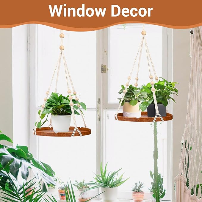 SUREAM 2 Packs Hanging Planters Holder, Hanging Plant shelf with Wood Beads and Wood Tray for Indoor Outdoor Boho Home Decor, Ceiling Plant Hangers for Garden, Wall, Porch, Patio, Balcony, and Window