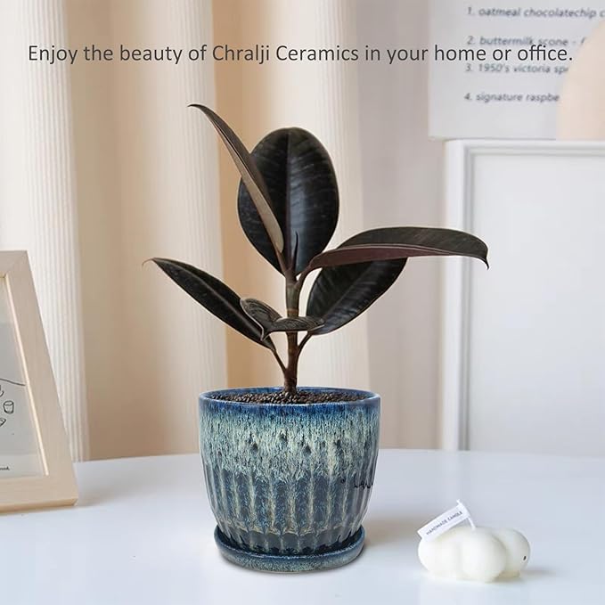 Ceramic Pots for Plants, 6 inch Pots for Plants, Ceramic Planters for Indoor Plants, Flower Pots with Drainage and Saucer, Reactive Glaze Blue
