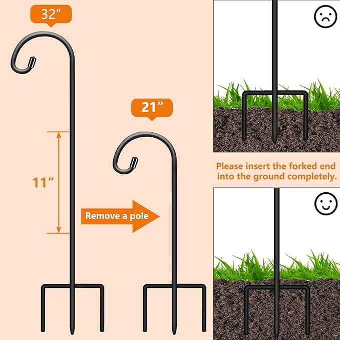Gtongoko 32 Inch Shepherds Hooks for Outdoor 4 Pack Garden Hooks for Hanging Plants, Lanterns, Bird Feeders, Solar Lights, Mason Jars, Weddings Decor, Adjustable, Matte Black