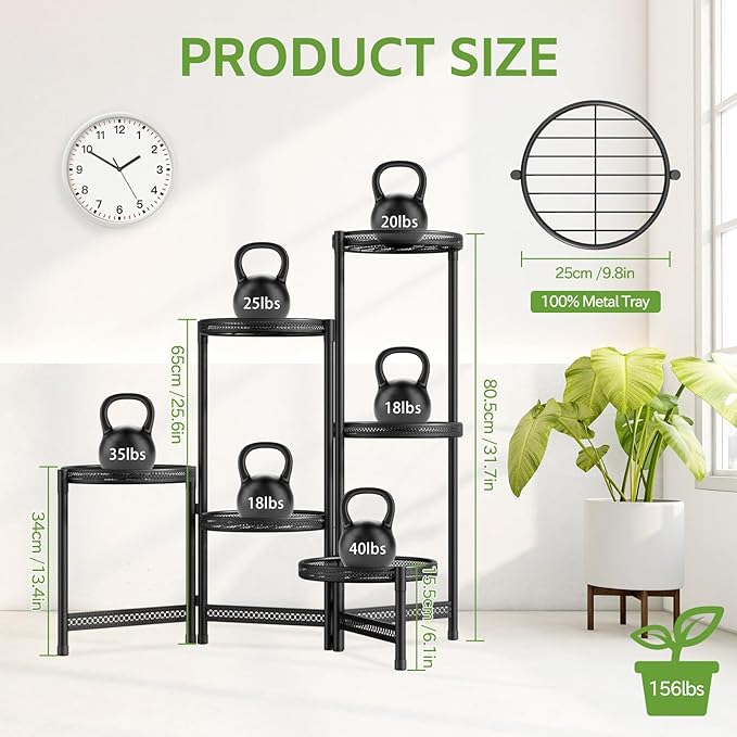 iDavosic.ly 6 Tier Large Plant Stand Indoor with 10 Inch Wide Tray, Tiered Corner Metal Outdoor Flower Display Holder Shelf, Folding Tall Rack for Patio Porch Balcony, Black Iron Carving