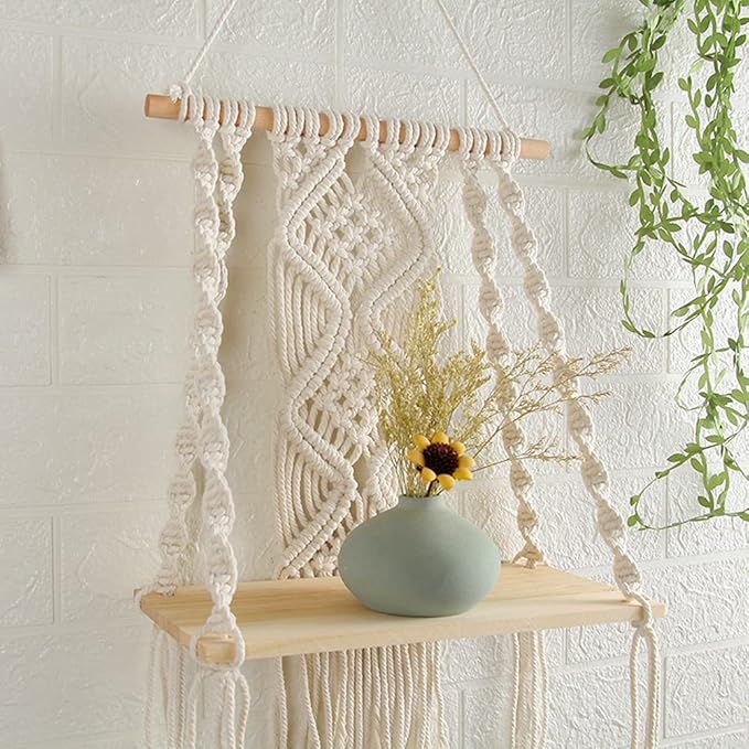 Mong Handmade Macrame Wall Hanging Shelf, Boho Indoor Rope Plant Pot Basket Hanger Holder, Rope Plant Hanger for Wall Decor Indoor Outdoor
