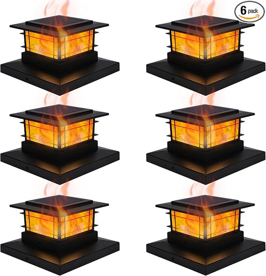 Dynaming 6 Pack Solar Flame Post Lights Outdoor, Solar Powered Fence Post Cap Lights, High Brightness Flickering Flame SMD LED Lighting Decor for Garden Deck Patio, 4x4, 5x5 or 6x6 Vinyl/Wooden Posts