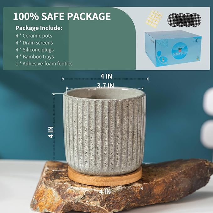 TAMAYKIM 4 Inch Cylinder Ceramic Plant Pots with Drainage Holes & Saucers, Glazed Green Grey Small Boho Planters with Trays for Indoor Flower, Snake Plants, Succulent, Cactus, Set of 4