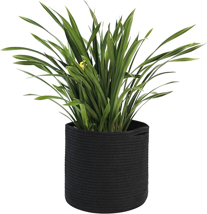 Cotton Rope Plant Basket, Woven Basket Planter for 10 inch Pot, Round Indoor Tree Pot Cover, Small Storage Bin Organizer, Modern Basket for Plants and Home Decor, 11”X11”, Black