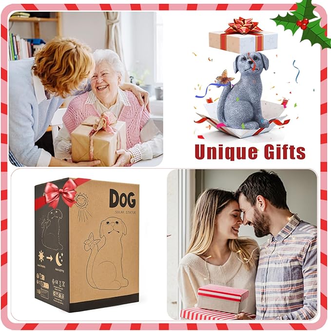 Garden Decor Solar Dog Statues: Outdoor Sculptures with Glowing Butterfly for Lawn Ornaments Yard Art Porch Patio Balcony - Gifts for Mom Grandma Women