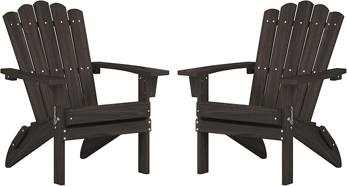 Folding HDPE Adirondack Chair Set of 2, Weather-Resistant Patio Chair with Wide Armrests & High Backrest, Fire Pit Chair for Garden, Backyard, Porch - Dark Brown