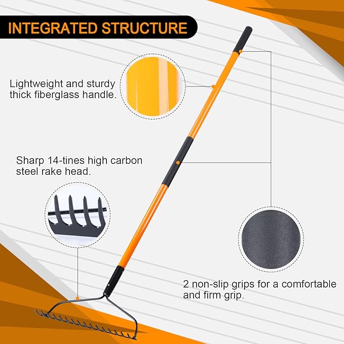Garden Rake for Gardening, Heavy Duty Garden Rake for Lawns, 14 Tines Bow Rake with Fiberglass Handle, 58 Inches