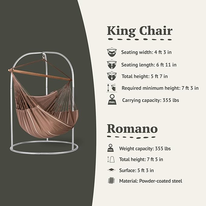 LA SIESTA® - XL King Habana Cotton Hammock Chair & Romano Steel Stand - Hanging Hammock Chair w/Stand - Indoor Outdoor Hammock Chair Swing for Bedroom Porch Balcony - Boho Hanging Chair - Chocolate
