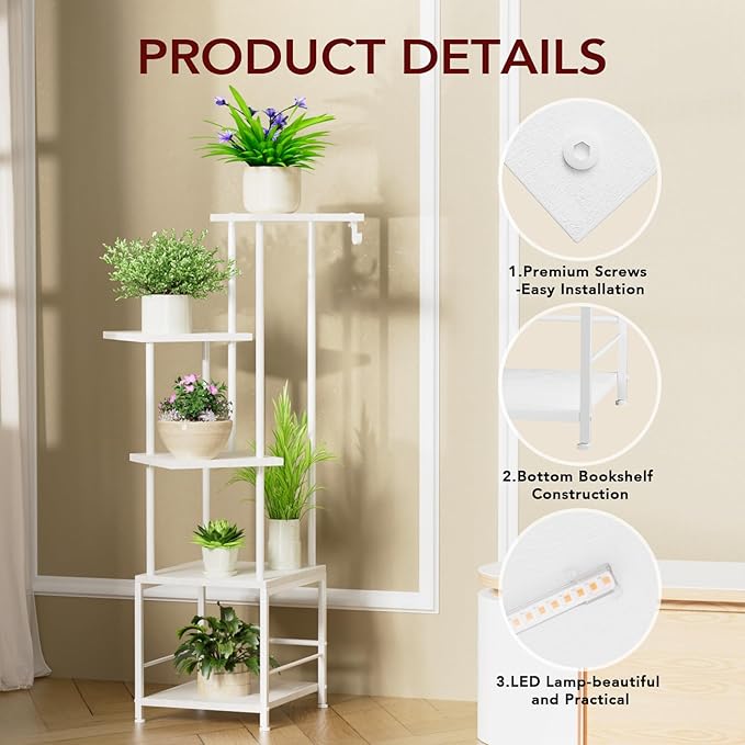 Plant Stand Indoor with Grow Light, 5-Tiered Tall Plant Stand Indoor, Metal Plant Shelf with Hanging Basket Hook and Adjustable Light, Ideal for Living Room, Garden, Patio white
