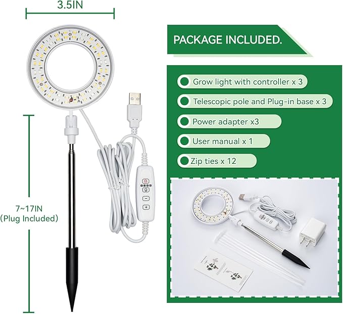 Plant Lights for Indoor Growing, Full Spectrum Grow Light with 48 LEDs, 5 Dimmable Levels Super Bright Halo Grow Lights, with Automatic Timer, Height Adjustable 7"-17", Pack of 3