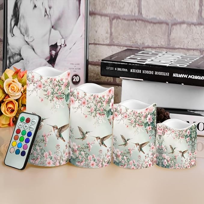 Ystardream Floral Hummingbird Flameless LED Candles Electric Candle Set with Remote Timer Color Changing Control Long Lasting for Table Centerpiece Home Indoor Decoration Pack of 4 Set