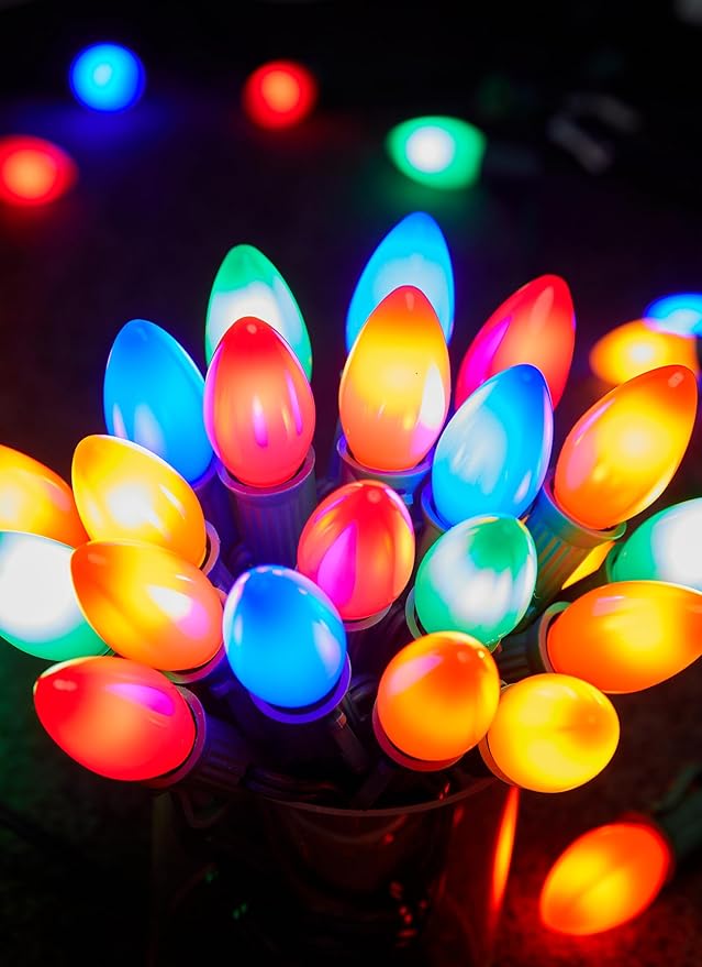 Multicolor C7 LED Christmas Lights Outdoor, 50FT Colorful Christmas String Lights with 50+2 Plastic Bulbs, Traditional Hanging Holiday Lights for Christmas Tree Patio Fence Roofline Xmas Decorations